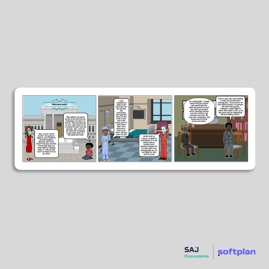 Exemplo de uso de storyboard para explicar iniciativas em caso de abuso infantil e que demonstra o que é visual law.