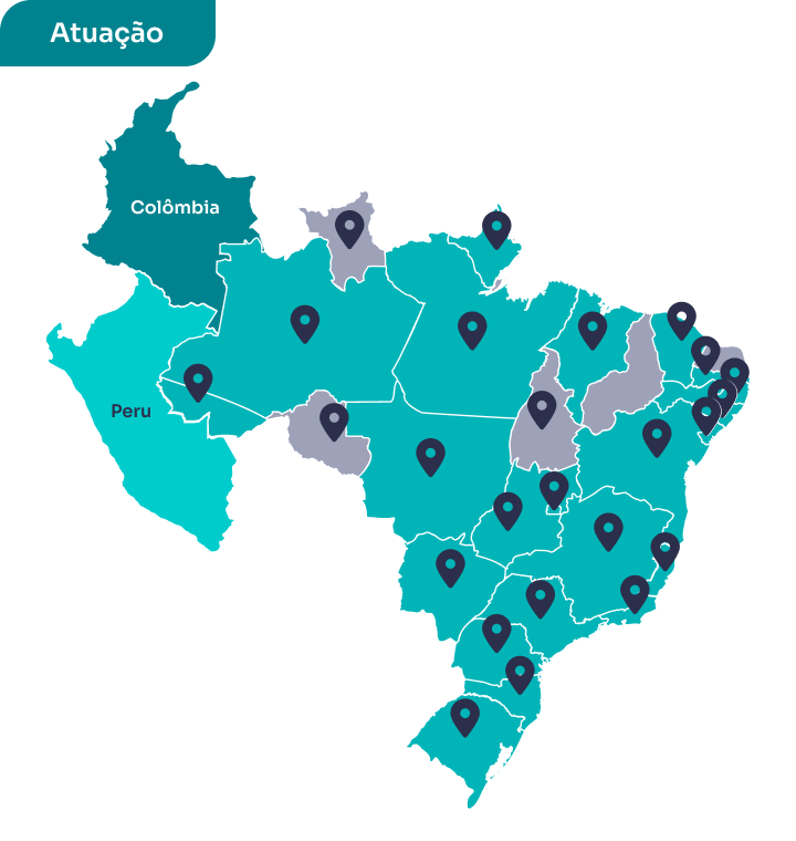 Mapa ilustrativo, destacando atuação da Softplan Setor Público em 24 estados brasileiros + DF + Colômbia + Peru